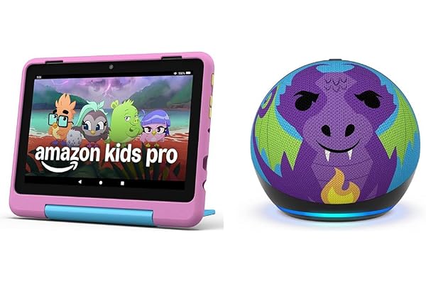 Amazon Kids Entertainment Device Bundle Including Fire HD 8 Kids Pro Tablet (32GB, Jungle Cat) + Echo Dot Kids (Dragon)