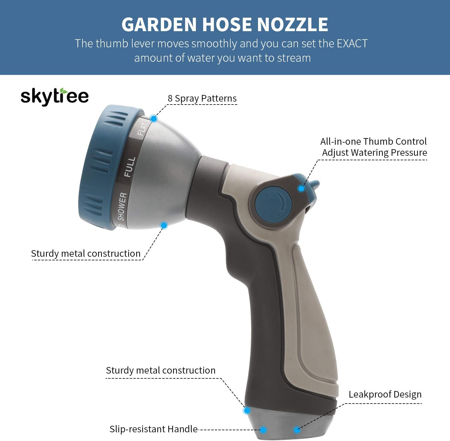 Skytree Hose Nozzle Garden, Metal Spray Nozzle High Pressure, 8 Patterns Thumb Control for Watering, Washing : Garden & Outdoor