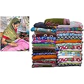 Gajanad Artistry 4 Piece Handmade Indian Vintage Kantha Quilts Reversible Bohemian Home Decor Blanket – Assorted Color Twin Size 85X55 Inches