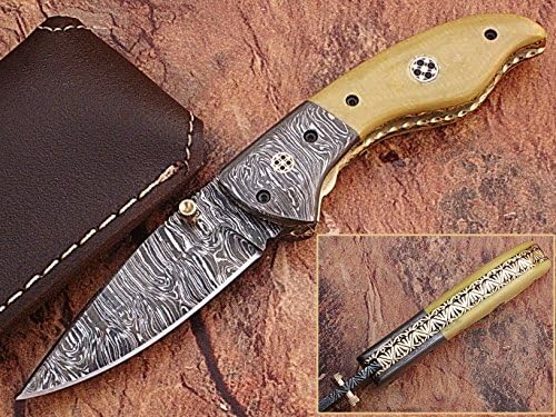 CUSTOM MADE DAMASCUS STEEL 7.3" FOLDING POCKET KNIFE WITH CANADIAN G 10 & SOLID DAMASCUS STEEL BOLSTER WITH MOSAIC PIN HANDLE(BDM-2)
