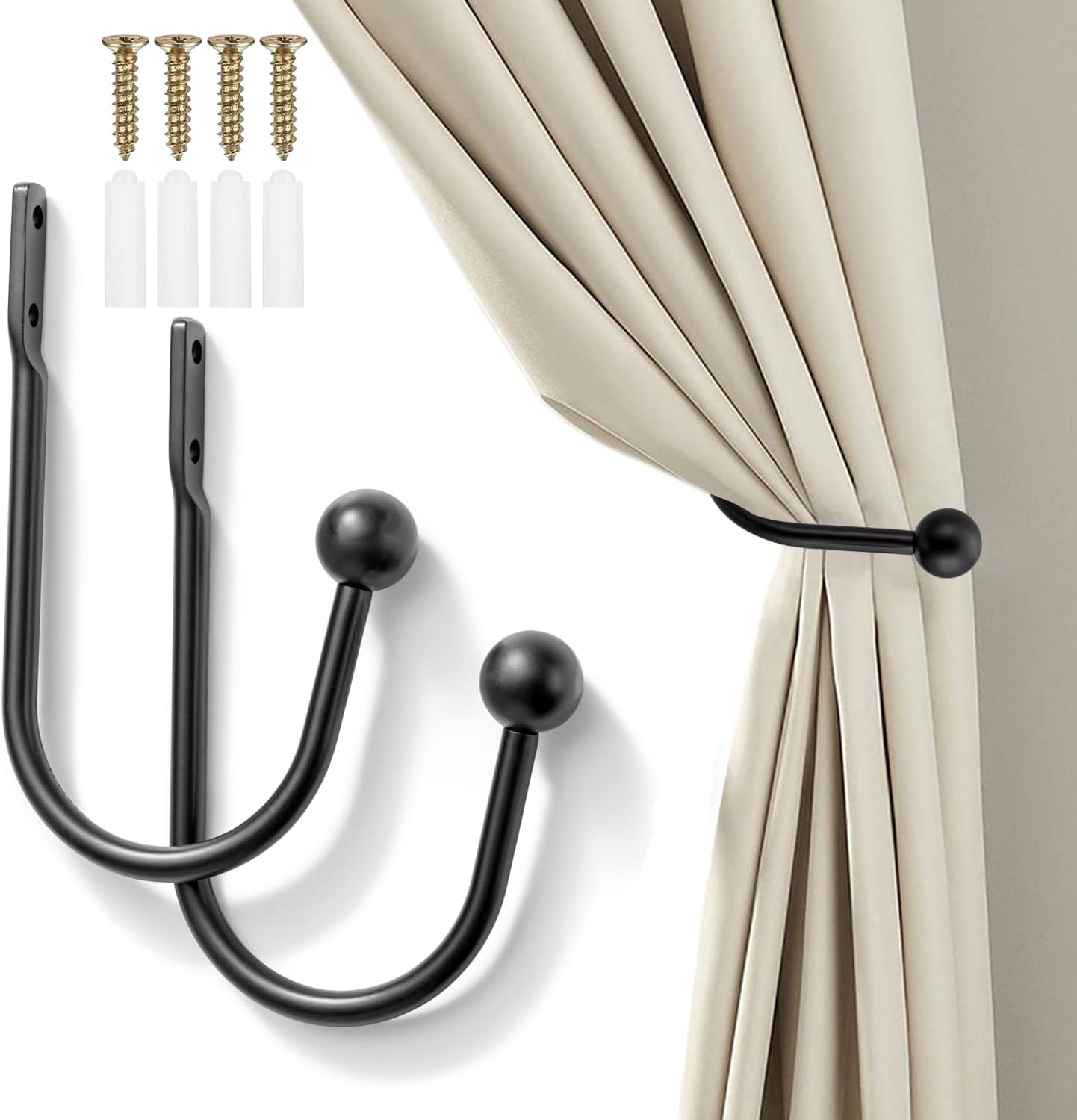 2PCS Metal Curtain Holdbacks, Curtain Tie Backs Hooks, Black Window Curtain Holder, Wall Mounted Curtain Tie Backs With Screws, Drapery Holdbacks for Fixed Curtain or Hanging Items