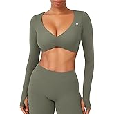YEOREO Long Sleeve Crop Tops for Women Agantha Deep V Neck Ruched Padded Workout Gym Cropped T Shirt Top with Thumb Holes