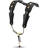 POGOLAB Saxophone Shoulder Strap, Double Shoulder Leather Adjustable Sax Strap with Metal Beam &amp; Sturdy Adjuster, Reduce Neck Stress, Good Comfort, for Alto/Tenor/Baritone/Soprano Saxophone
