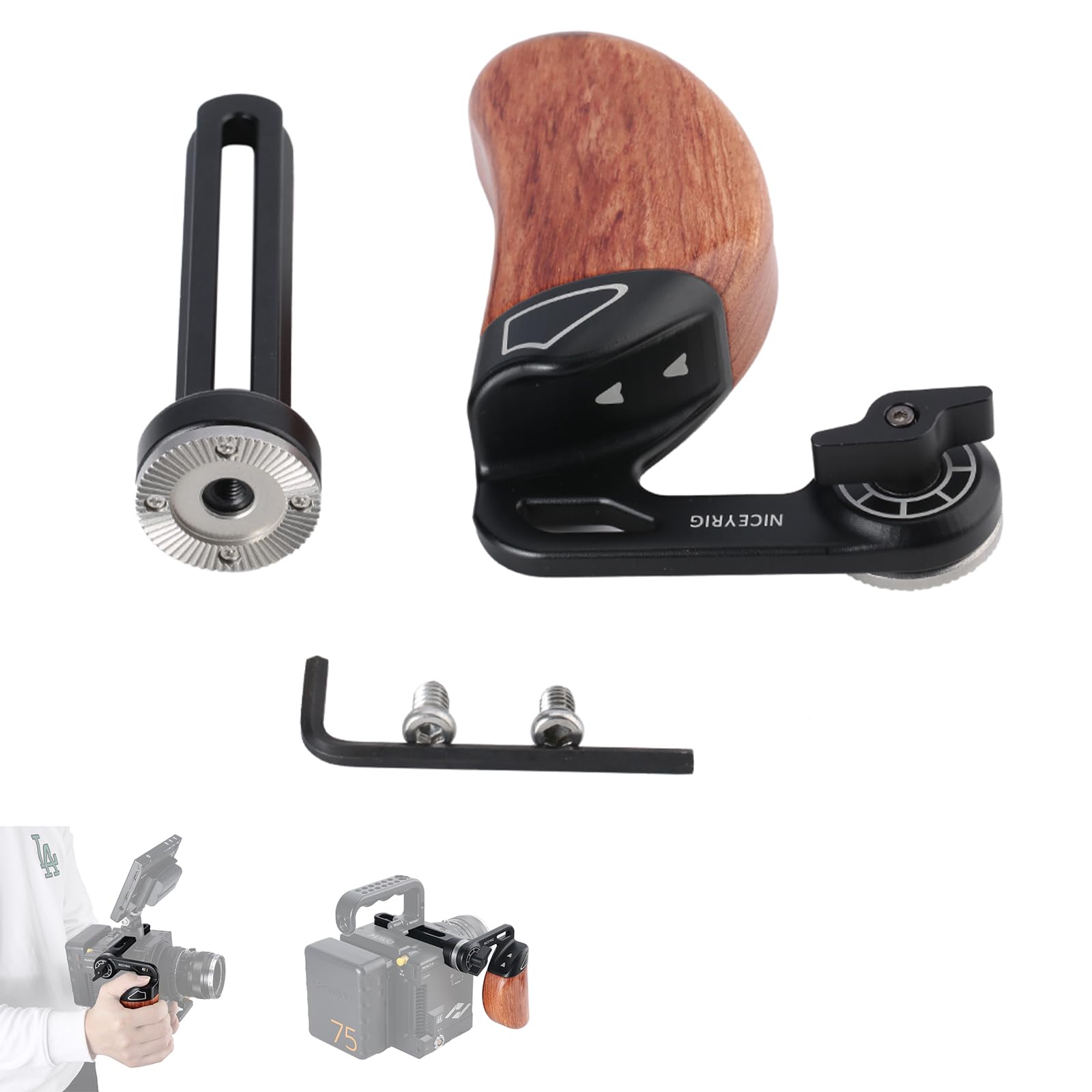 NICEYRIG Right Side Wooden Handle Grip with Top NATO Rail to Rosette Mount Adapter for DIY Rig, for RED DSMC2 Weapon/Epic-W/Scarlet-W/Raven/Kinefinity MAVO/MAVO-LF/MAVO 6K/TERRA 4K/TERRA 6K