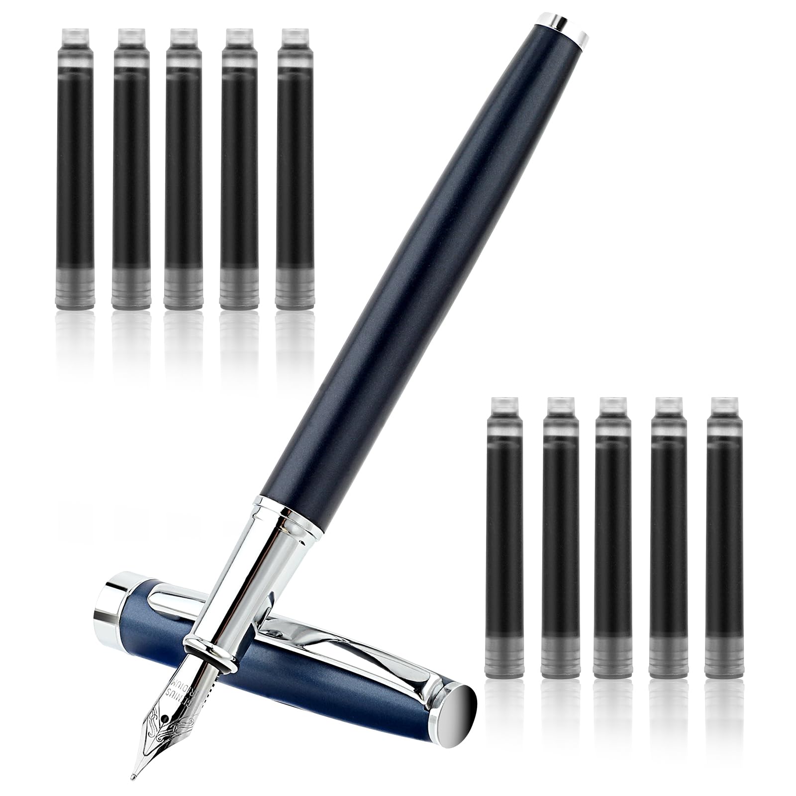 TIESOME Metal Fountain Pen Set, 0.5mm Fine Nib Fountain Pen with 10 2.6mm Black Ink Cartridges Luxury Calligraphy Pens Smooth Writing Pen Gift for Office School Business Supplies(Blue)