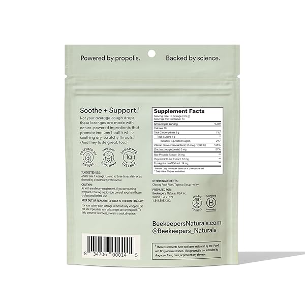 BEEKEEPER’S NATURALS SOOTHING MINT EUCALYPTUS COUGH DROPS, IMMUNE SUPPORT WITH VITAMIN D, ZINC AND PROPOLIS, COOLING & THROAT SOOTHING LOZENGES, 14 CT