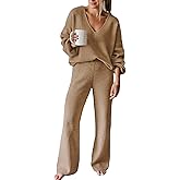 Viottiset Women's 2 Piece Outfits Casual V Neck Knit Wide Leg Sweater Lounge Set Sweatsuit