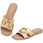 FITORY Women's Flat Sandals Fashion Square Open Toe Slides With Metal Chain Slippers for Summer Size 6-11