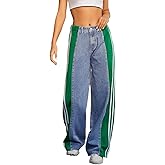Lingt Chic Women's High Waisted Patchwork Striped Wide Leg Jeans Y2K Baggy Color Block Loose Fit Denim Pants