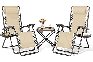 Magshion Folding Zero Gravity Chairs Set of 2, Outdoor Reclining Camping Chairs, Patio Lounge Recliners with Side Table & Cup Holder Tray, Cream