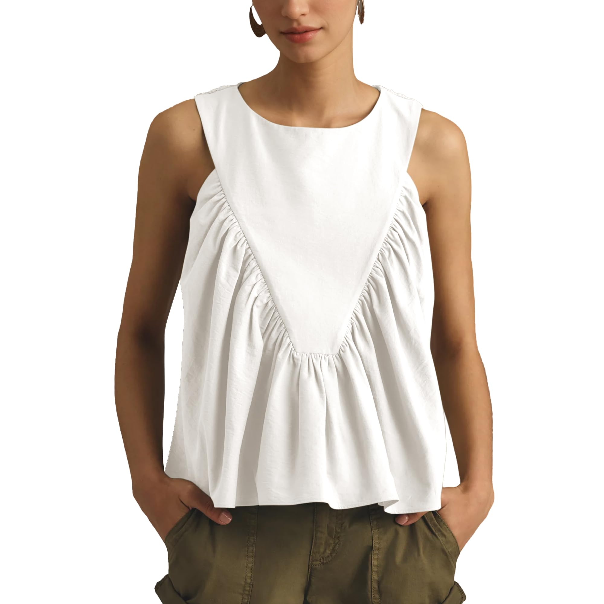 Photo 1 of Hixiaohe Shirred Swing Tank Tops for Women Fashion Flowy Sleeveless Shirts Casual Crew Neck Blouse Loose Fit Ruffled Tops(Pure-White,XS)