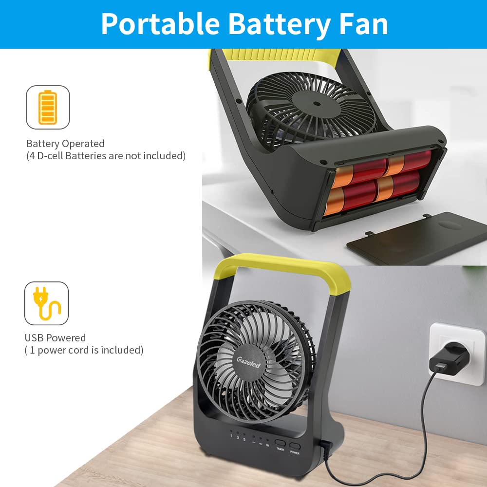 Gazeled F15 Battery Powered Fan, Long Lasting Battery Operated Fans for Camping, Portable D-Cell Desk Fan with Timer, 3 Speeds, Whisper Quiet, 180° Rotation, for Office, Bedroom, Outdoor, 5''