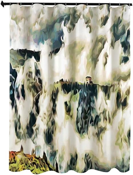 Amazon 神秘的な家の装飾 アート絵画 シャワー カーテン 180 X 0cm 雲緑の木々ハイランド 防水 防カビ 浴室 ホテル 高級 遮光 目隠し バス用品 間仕切り カーテンリング付き 取付簡単 グリーンベージュの間で家の妖精の風景イラスト シャワーカーテン ホーム