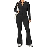 UOUA Women's 2 Piece Set Long Sleeve Jacket & Ankle Length Workout Flare Leggings Casual Matching Outfit Tracksuit Sweatsuit