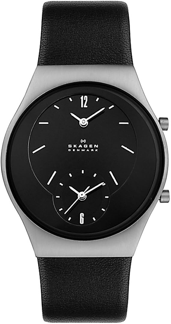 Skagen Midsize 733XLSLB Steel Collection Dual Time Black Leather Watch