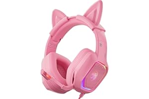 ZIUMIER Gaming Headset with Detachable Cat Ears, Compatible with PS4 PS5 Xbox One PC Laptop, Over-Ear Headphones with LED Light, Noise Canceling Mic, Stereo Surround Sound (Pink)