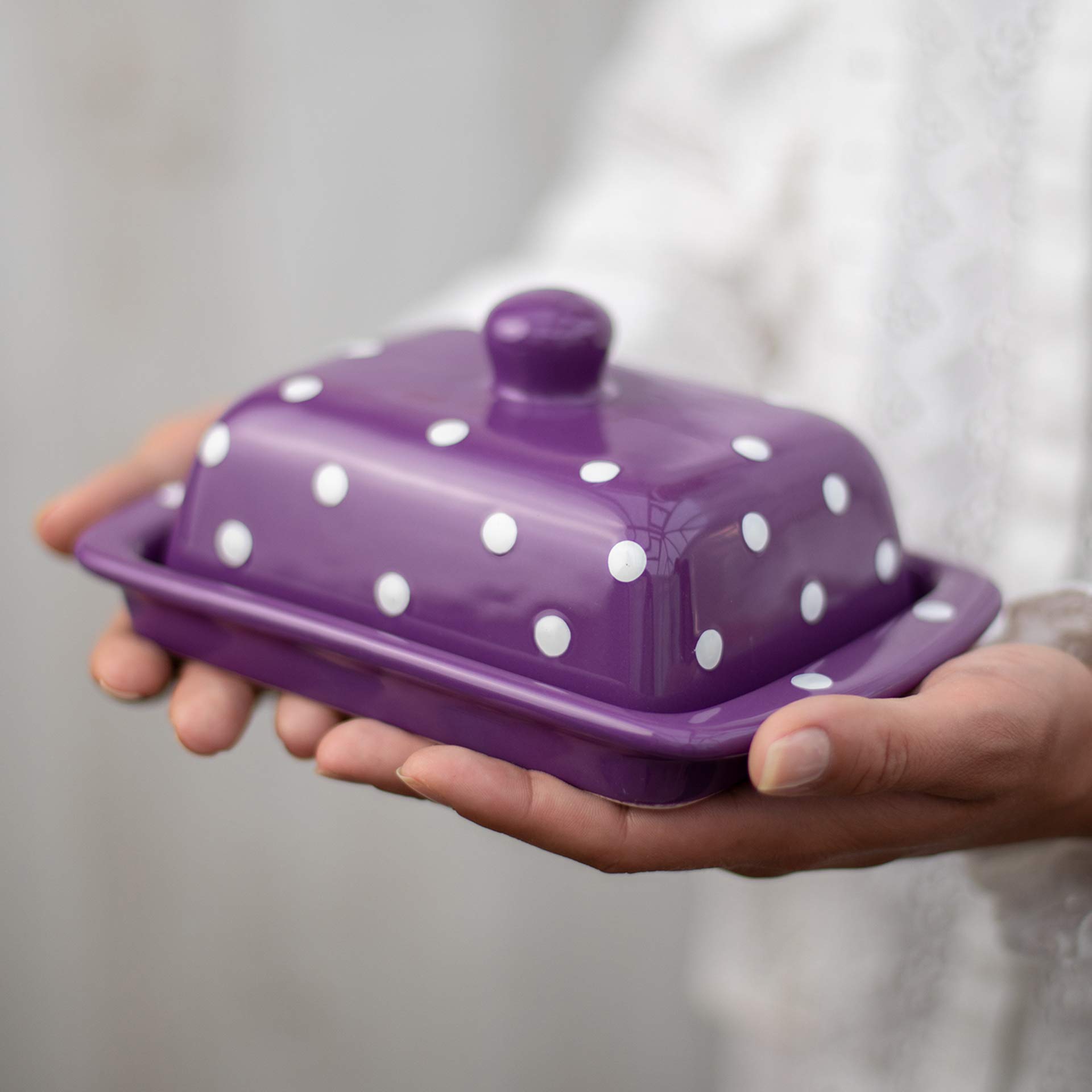 City to Cottage Large Butter Dish with Lid for Countertop, Ceramic Butter Keeper, Butter Container with Knob Handle, Butter Holder Tray with Cover, Handcrafted Purple Polka Dot Butter Dish