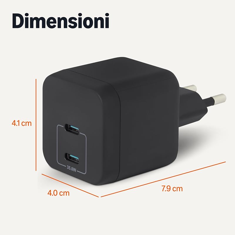 Caricabatterie da Parete Nano GaN USB-C con Ricarica Rapida, 35W a 2 Porte per Tablet e Smartphone, Nero — foto 5 di 5