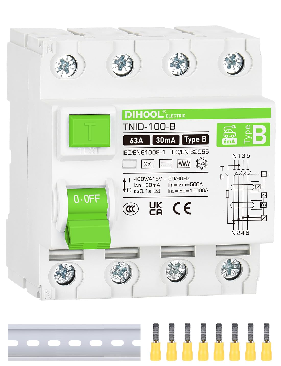 DIHOOL type B circuit breaker 63A 30MA 4 pole DC 6MA fault current circuit breaker for electric vehicle charging accessories