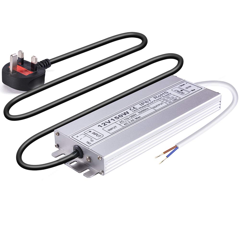 Idealyuan 150W 12V DC LED Power Supply, IP67 Waterproof Low Voltage Transformer LED Driver Adapter, 100-260V AC to 12V DC Converter for LED Strips, Outdoor Lights, CCTV Cameras & More