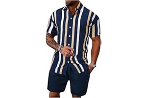 COZYEASE Men's 2 Piece Striped Outfit Short Sleeve Button Down Shirt Drawstring Waist Shorts Set