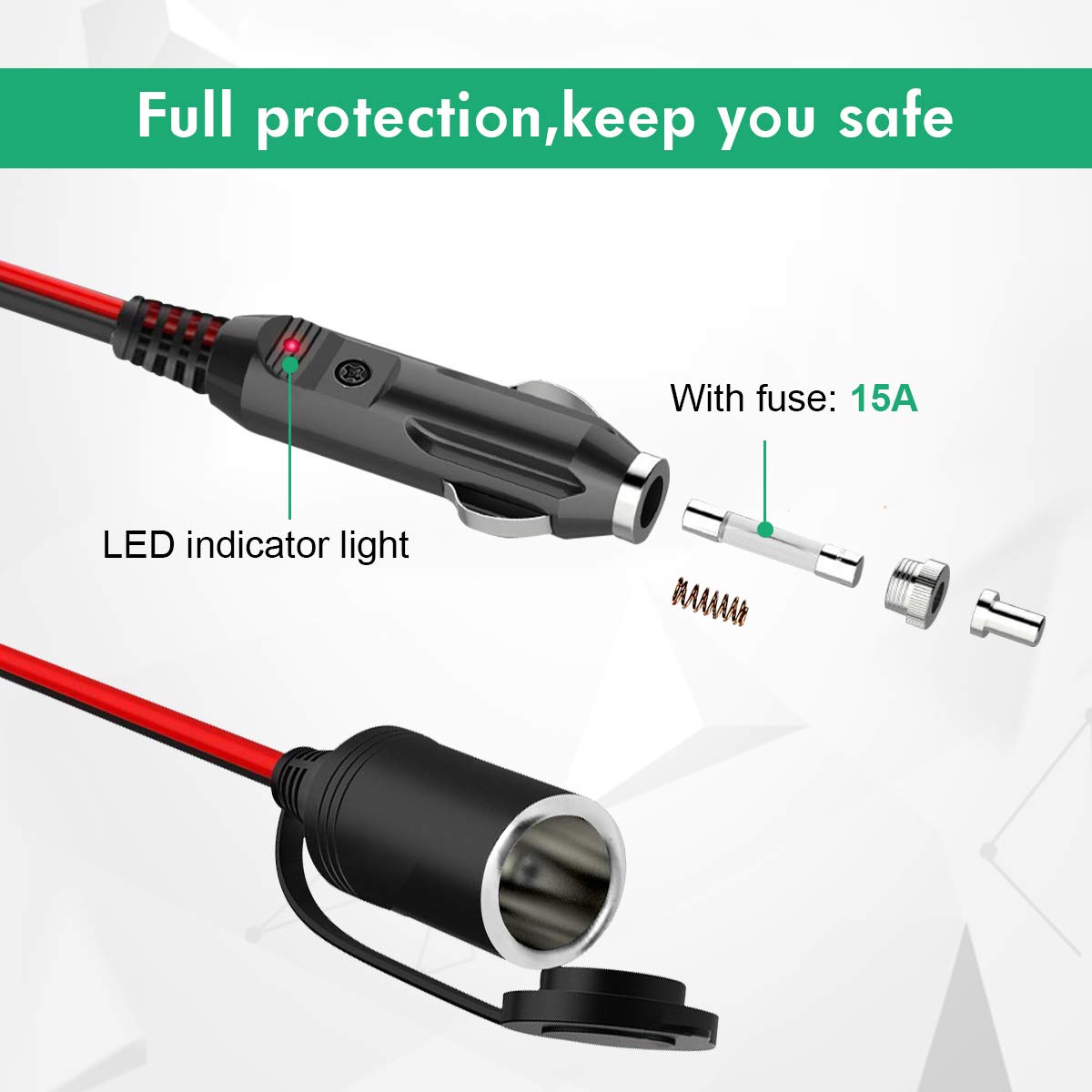 Prolunga Per Accendisigari 4,6 M - Cavo 12V/24V Con Spina Maschio/Femmina, Interruttore E Fusibile 15A