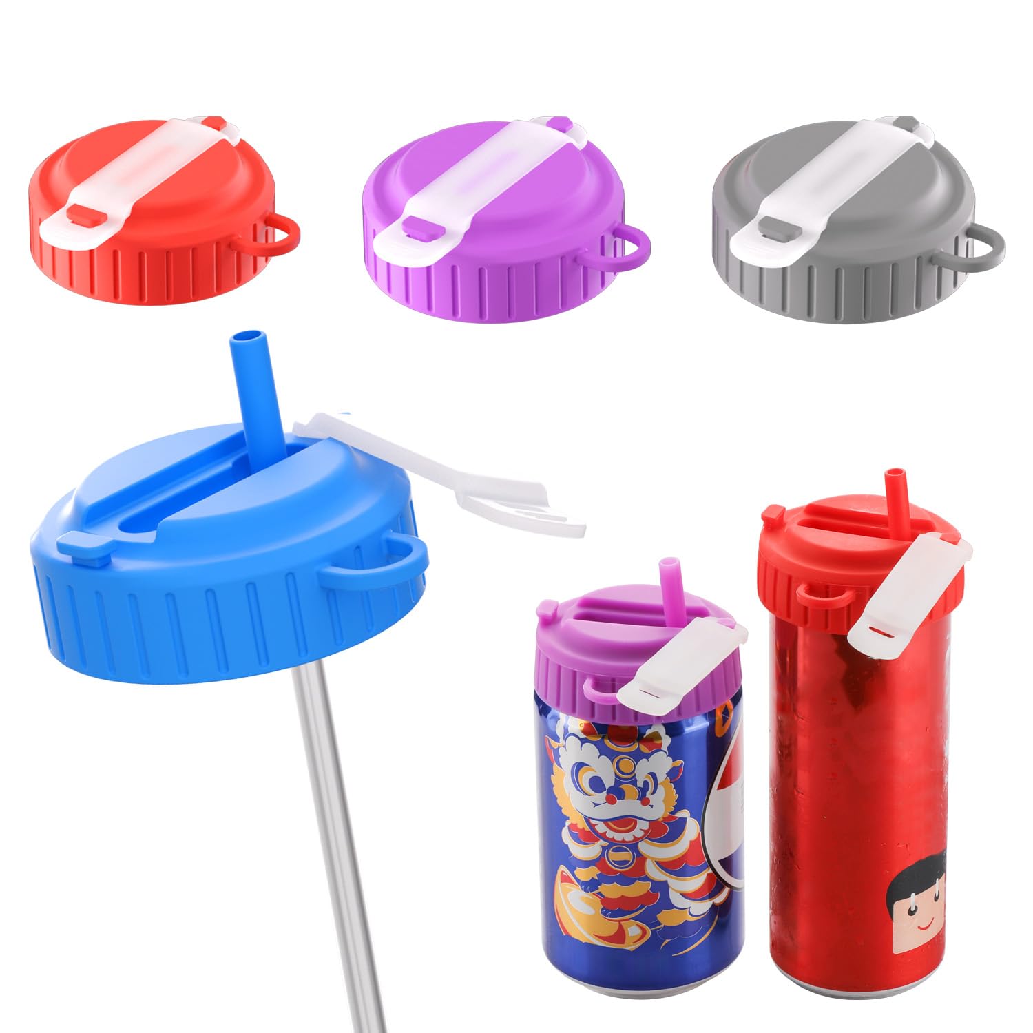 Photo 1 of 4 Pack Soda Can Lids with Straws, Reusable Silicone Can Covers for Soda, Can Toppers Protection for Universal 2.13'' Canned Beverage, Airtight Dust-Proof Seal (4 Colors)