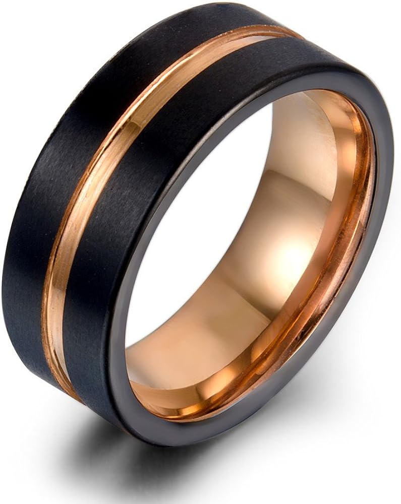 Mens Wedding Band Brushed Black Tungsten Ring 8mm Rose Gold rings