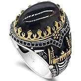 Qida Natural Agate S925 Pure Silver Black Agate Stone Men's Ring Vintage Castle Men's Ring Gothic Unique Bracelet (Size13)