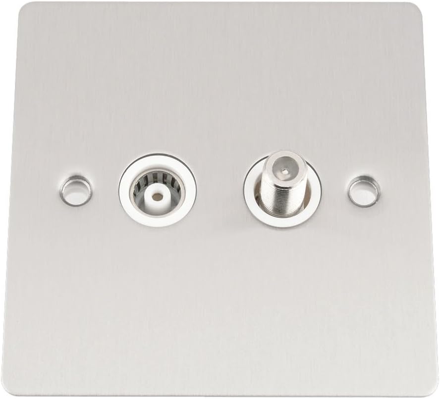 TV Aerial Coax + Sky Satellite Socket - Satin Matt Chrome - Flat - White Insert