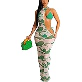 Women's Sexy Swimsuit 3 Piece Thong Bikini Set Triangle Halter Bathing Suit Sheer Mesh Beach Cover Up Maxi Dress