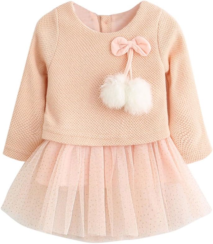 Drindf Girl Clothing Baby Girls Long Sleeve Knitted Bow Newborn Tutu Princess Flower Dress