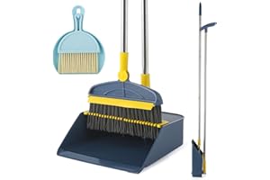 SUTINE Broom and Dustpan Set,2 in 1 Broom Brush with Dustpan Combo Set, Upright 180°Rotating Broom with Long Handle and Lightwight Dust Pans for Home Kitchen Room Office Lobby Floor Cleaning，Blue