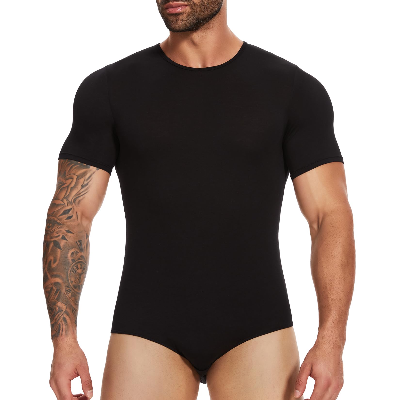 Photo 1 of MISS MOLY Mens Short Sleeve Bodysuit Pajamas One Piece Crew Neck Romper Body Suit Basic Onesie Shirt with Button Crotch, Black 2XL