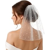 Psyqtsuary White Short Wedding Veil Short Bridal Veils Pearl Bride Veils Women's Shorts Vails with Pearl