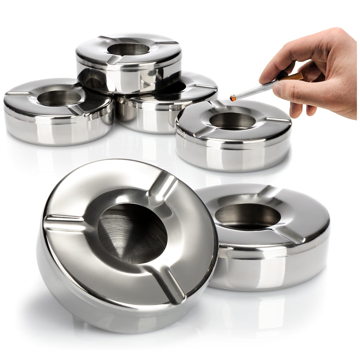com-four® 6x Stainless steel ashtrays - wind ashtray with removable lid to protect against fly cinder- Ø 11 cm (006 pieces - stainless steel)