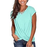 Jescakoo Women's Short Sleeve Round Neck T Shirt Front Twist Tunic Tops Casual Loose Fitted