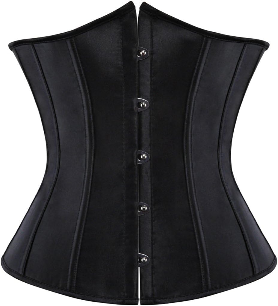 Black satin underbust corset waist cincher lace up boned bodyshaper lingerie size 8-24