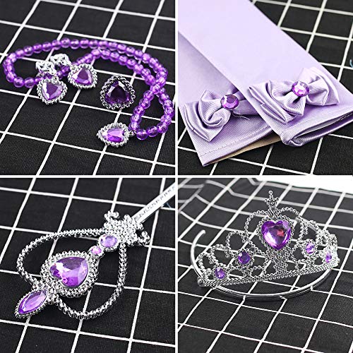 3 otters Princess Dress Up, Princess Costume Accessories Childrens Crown Magic Wand Gloves Necklace Earring Set Party Dress Up Girl Gift Purple 6PCS