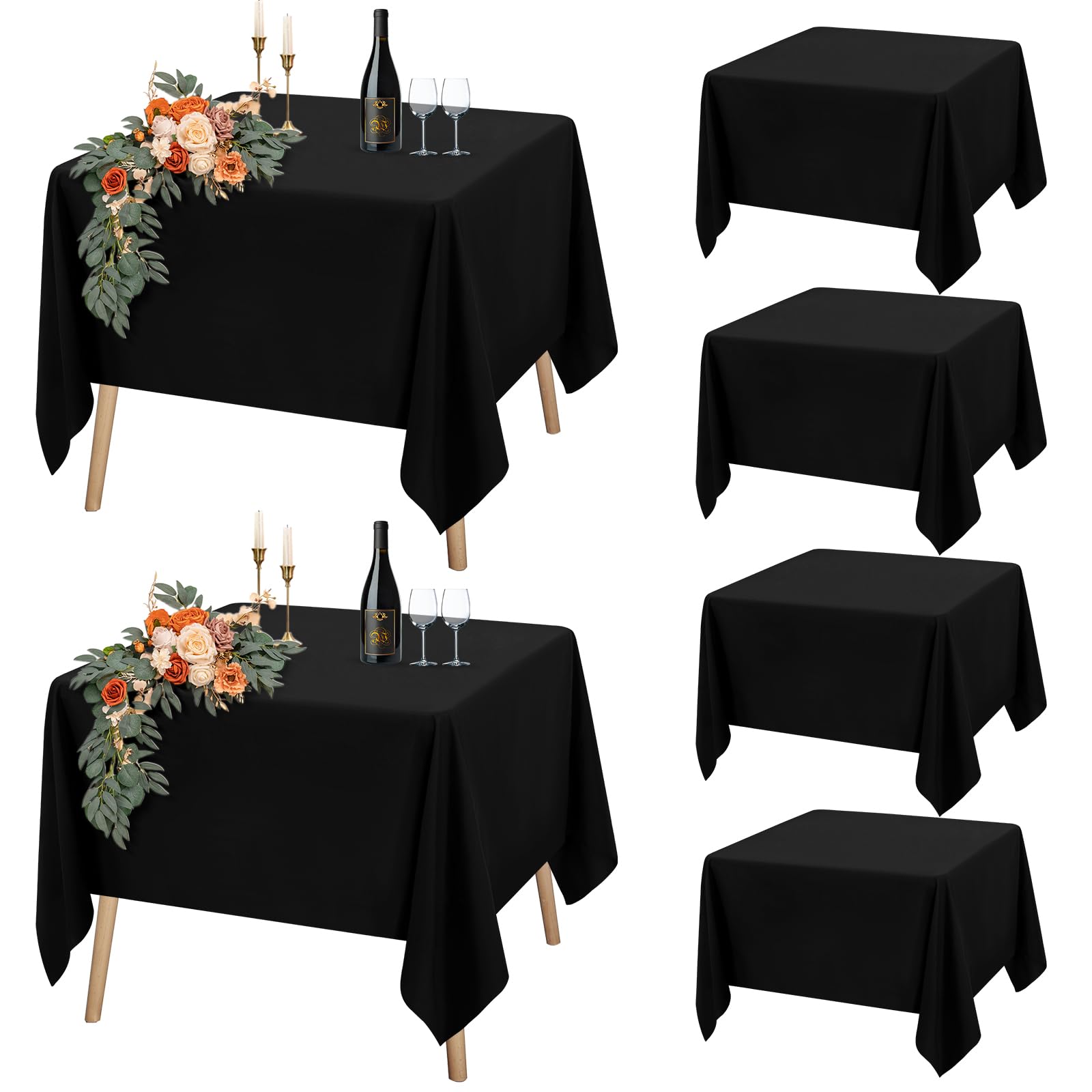 Teruntrue 6 Packs Black Square Tablecloth 132 x 132 cm, Square Party Table Covers for 60-90cm Table, Polyester Waterproof Washable Table Cloth for Wedding Buffet Camping Restaurant(53x53in)