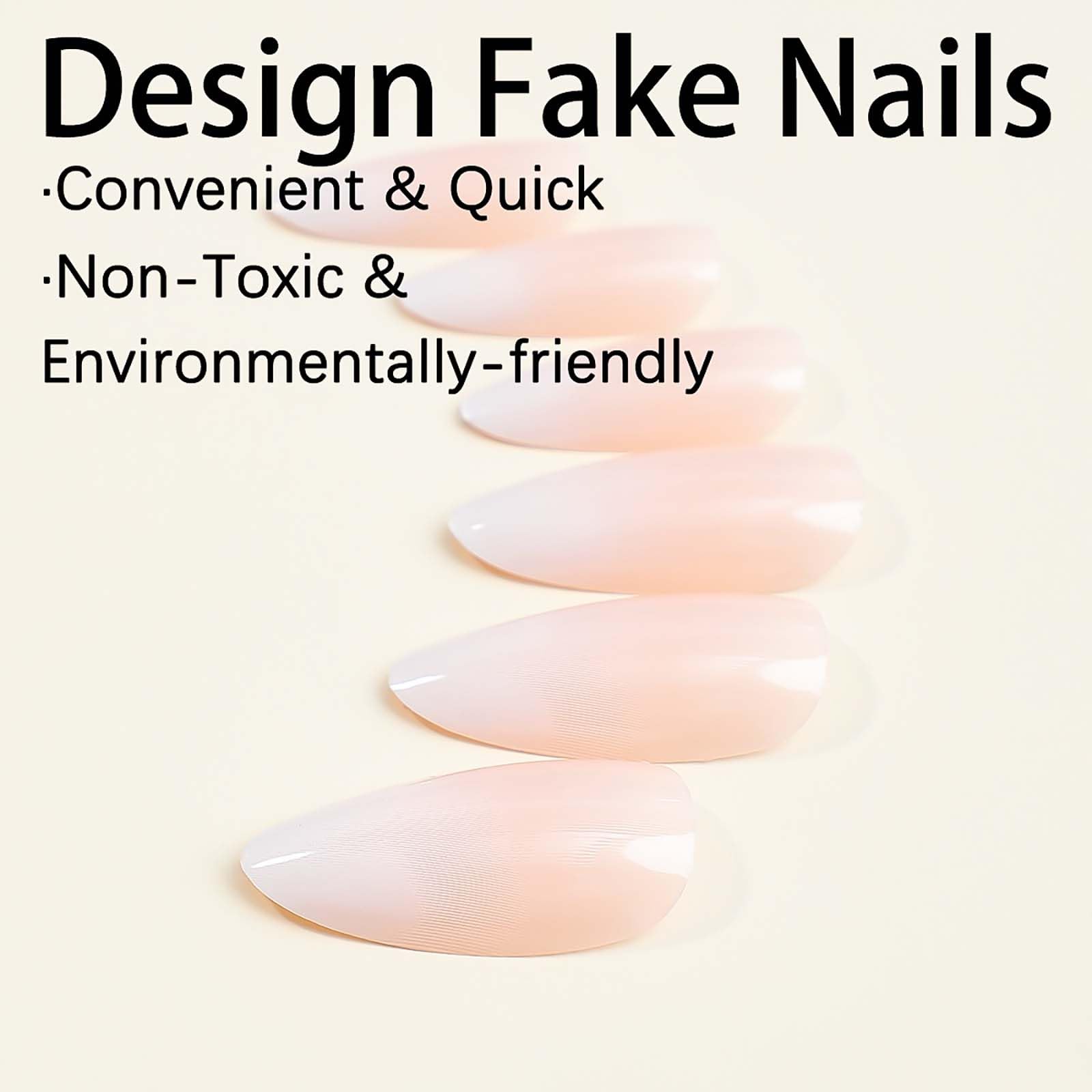 RUOKEXIN Press on Nails Almond Short Fake Nails with Glue Pink White Ombre Acrylic False Nails with Designs Glossy Artificial Nail Press ons Reusable Natural Stick on Nails for Women Fingernails Set - Image 2