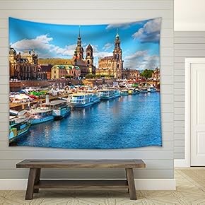 Scenic Summer View of The Old Town Architecture with Elbe River - Fabric Wall Tapestry Home Decor - 51x60 inches