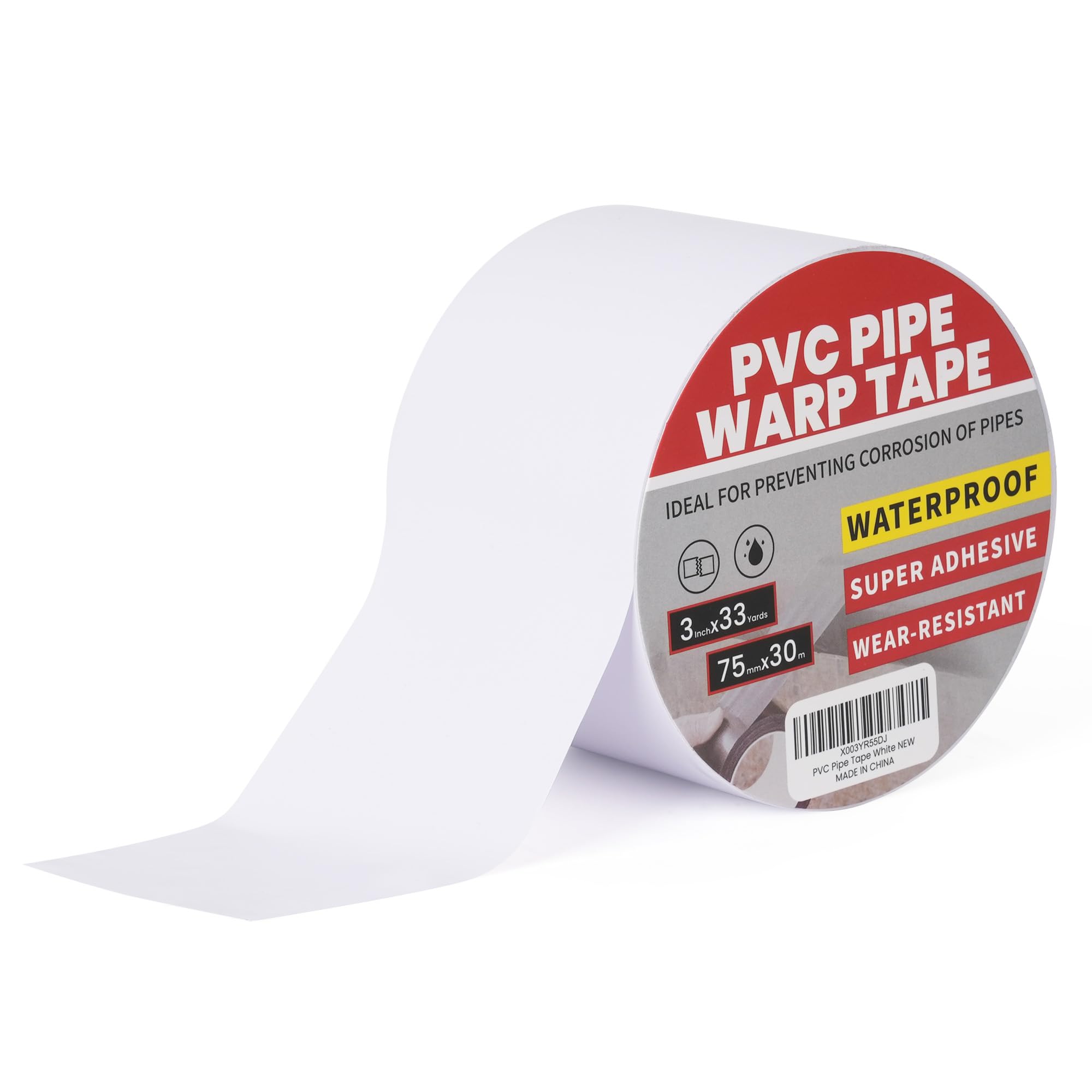 TAPEBEAR Corrosion Protection Pipe Wrap for Drain, Metal Electrical Outdoor Underground Pipe, Waterproof PVC White Tape, Duct Anti-Corrosion and Protection, 75mm x 30m