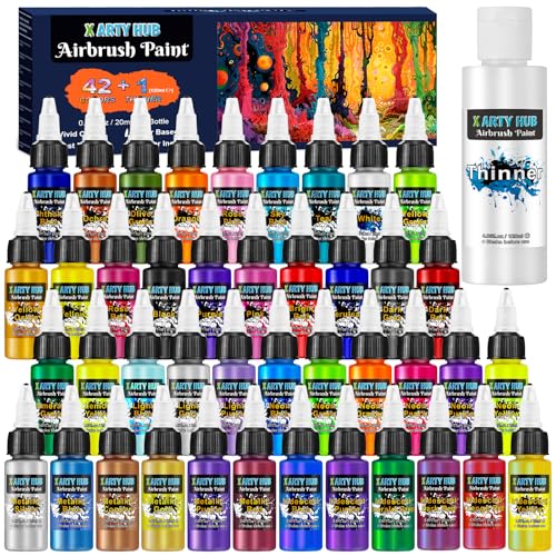X ARTY HUB Airbrush Paint – 42 Colours with 120 ml Thinner, Acrylic Paints for Model Making, Ready to Use, Water-Based Set with Iridescent, Fluorescent and Metallic Colours