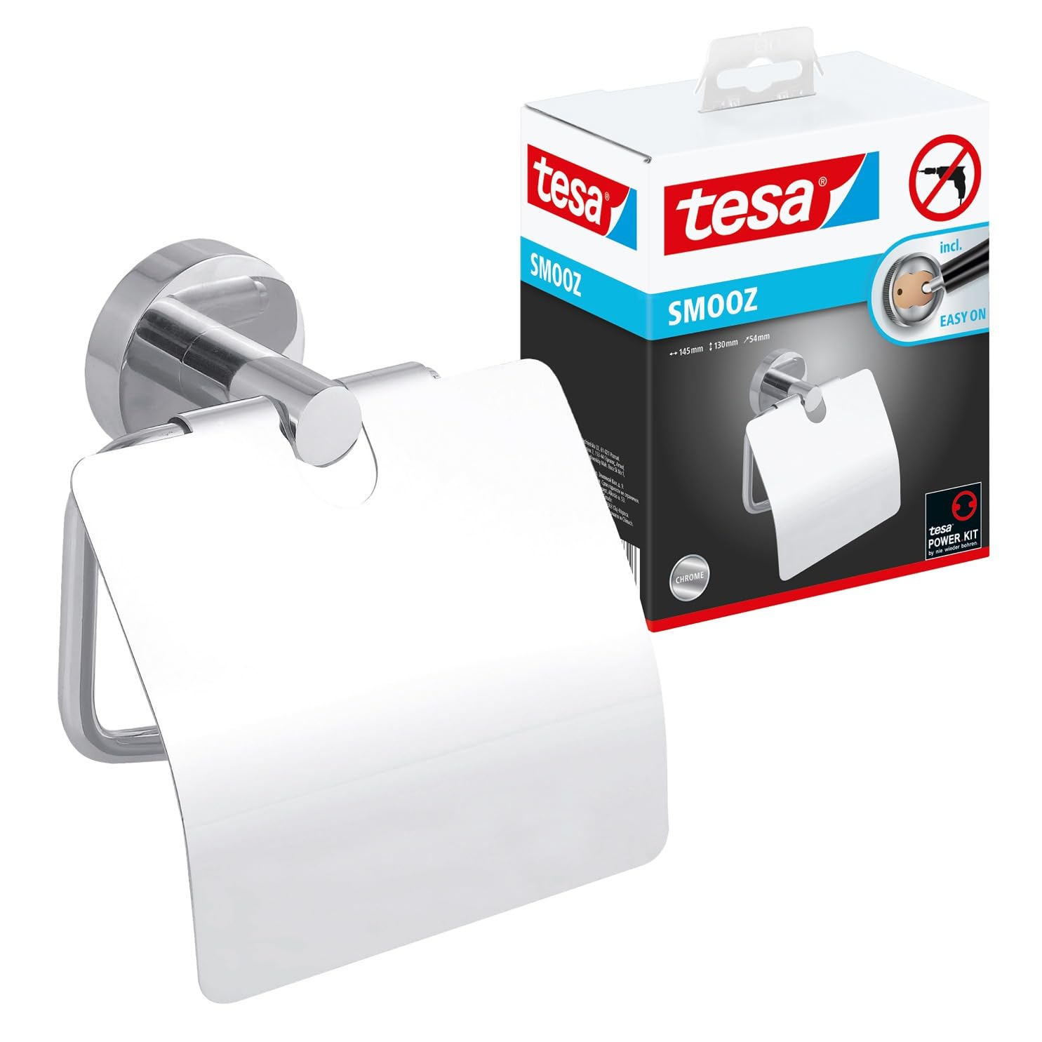 tesa® Smooz Toilet Paper Holder with lid, high Gloss Chromed Metal, self-Adhesive, Adhesive mounting Technology, 130mm x 145mm x 54mm