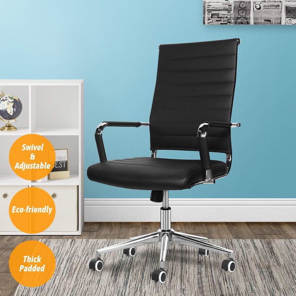 LUCKWIND Ergonomic Office Chair Ribbed Leather Swivel - Adjustable Height Tilt Arm Sleeves Lumbar Support High Back Upholstery Executive Modern Conference Computer Chrome Wheel Caster 350lb Big Black: Kitchen & Dining
