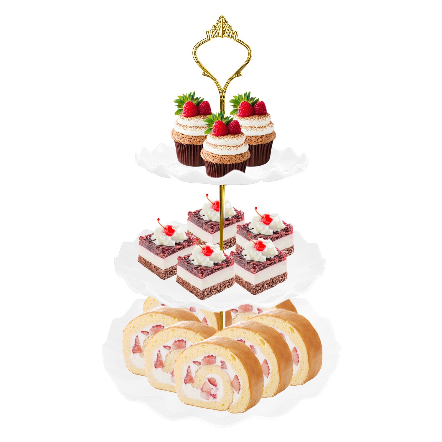 View 1 of 3 Tier Cupcake Stand, Cup Cake Holder Tower Stand, Plastic Tiered Serving Tray with Metal Rod, White Round Dessert Display Stand for Donut Cookie Candy Fruit Tea Party Baby Shower Wedding Graduation