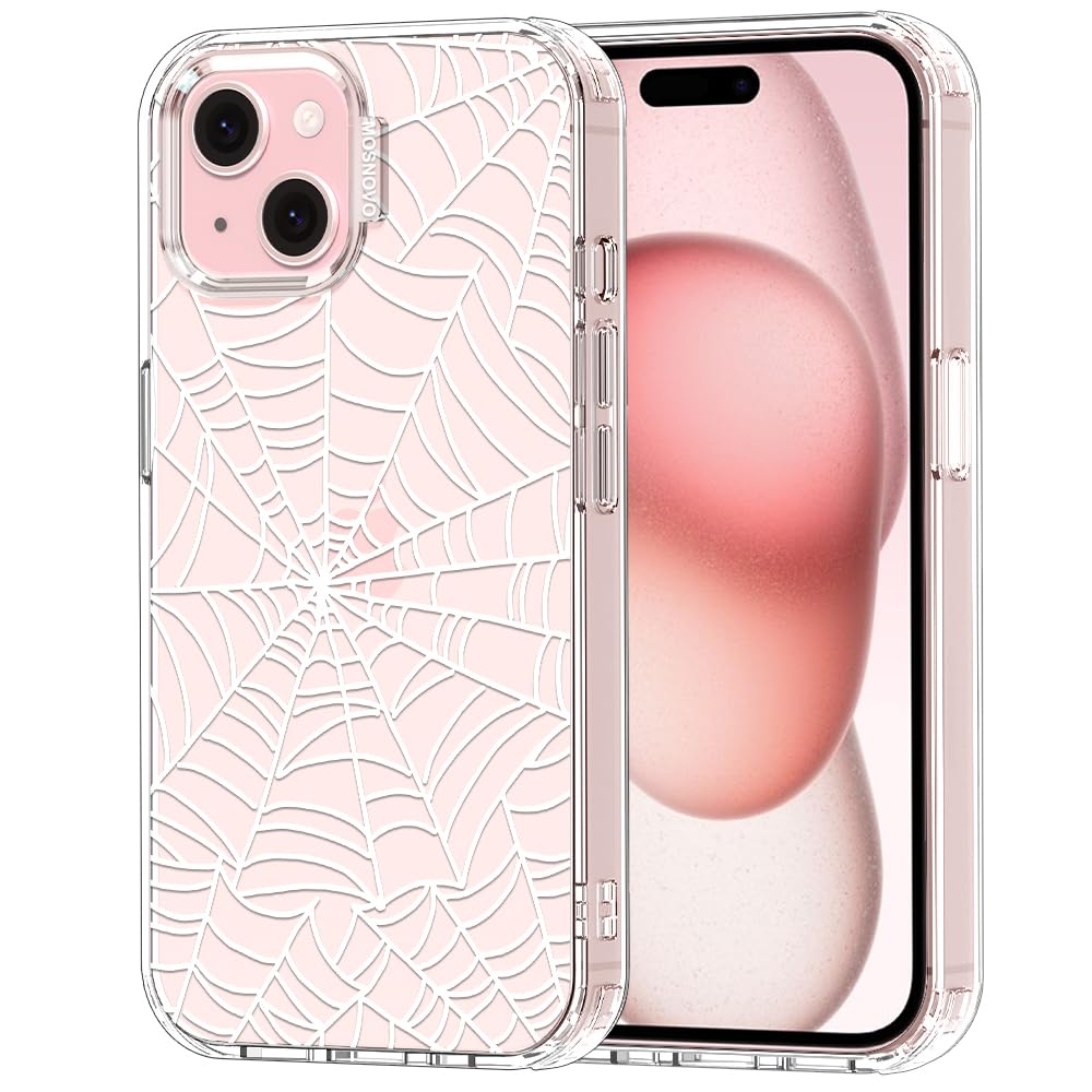 MOSNOVO Case for iPhone 15 Plus / 14 Plus [Buffertech 6.6ft Military-Grade Drop Protection] [Anti Peel Off Tech] Clear TPU Bumper Phone Case - Spider Web