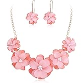 EVER FAITH Flower Collar Necklace, Faux Pearl Floral Summer Beach Statement Choker Necklaces Dangle Earrings for Women, Handmade Fashion Boho Party Prom Jewelry Accessories