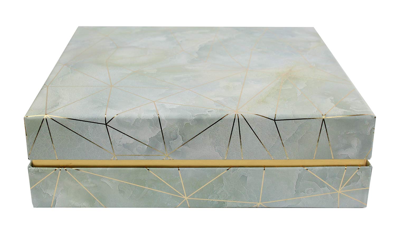 Emartbuy Rigid Square Luxury Presentation Gift Box, 17 cm x 17 cm x 5 cm, Sea Green Marble Effect with Gold Origami Lines and Pink Chequered Interior